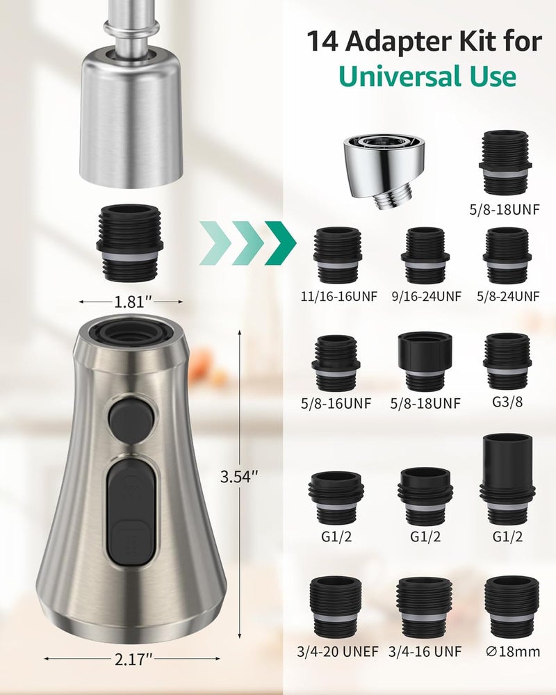 Mbillion Universal Brushed Nickel Kitchen Faucet Sprayer Head Replacement, 3 Function ABS Sink Faucet Head, Pull-Down Nozzle with 14 Adapters, Compatible with Moen,Delta,Kohler,WEWE American Standard - Image 2